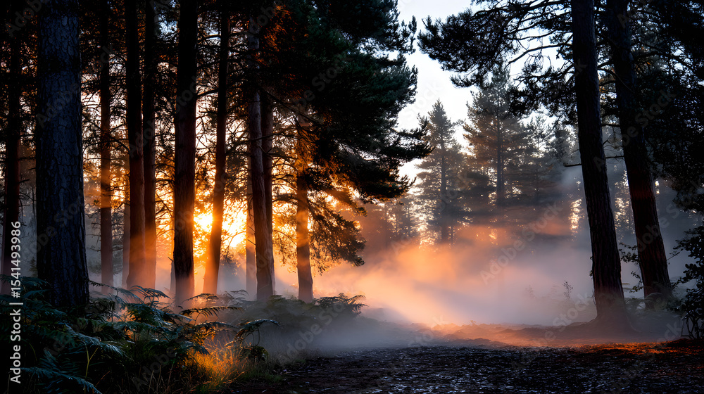 Fototapeta premium A vintage misty forest scene at dawn, with soft fog curling around tall pine trees and the first light of day illuminating the mist in a warm glow.