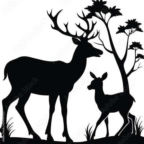 Silhouette of a deer and fawn standing near a tree isolated on white