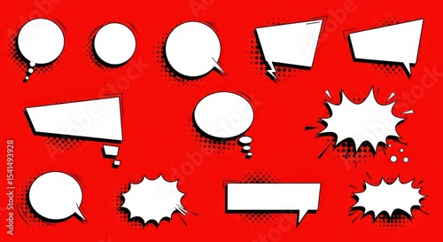 Collection of Comic Book Style Speech Bubbles and Pop Art Elements on Red Background for Graphic Design