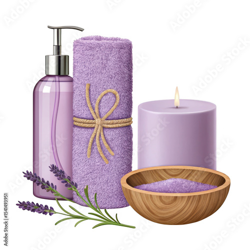 Spa set with lavender towel and candle isolated on transparent background