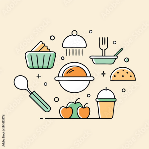 Stylized Food and Drink Icons in Pastel Colors Including a Cupcake Covered Dish Apples a Spoon and a Drink Arranged on a Light Beige Background