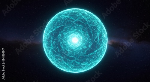 Glowing cyan orb pulses brightly against dark space background.. AI Generated