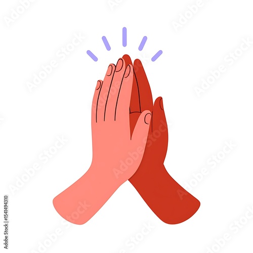 Two hands a light coral and a dark red in a high five gesture with a purple lightburst above symbolizing teamwork collaboration unity partnership agreement success and support