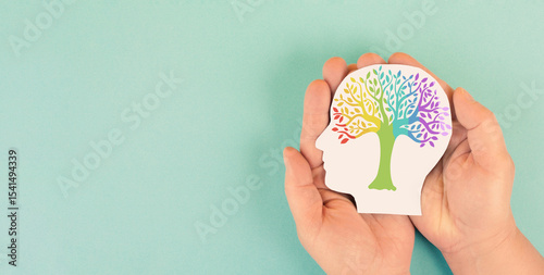 Mind with colorful tree, mental health, positive attitude and inspiration, creative thinking brain, personal development, diversity and equality