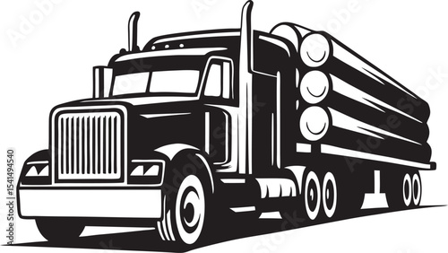 Sturdy Logging Truck Silhouette: Robust Outline of a Timber Transport Vehicle, Highlighting Industrial Forestry and Raw Materials on White Background