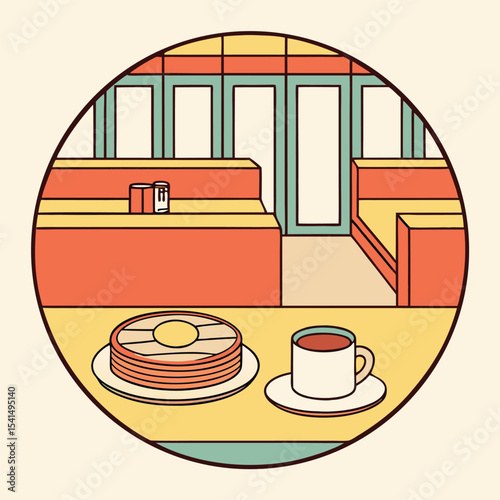 Retro Diner Breakfast Scene with Pancakes and Coffee Featuring Booth Seating and Classic Design Elements in a Circular Composition for Nostalgic Appeal