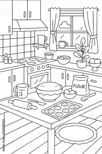 Black-and-white line art illustration for a children's coloring book of a cute kitchen with baking activity