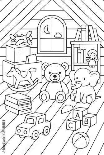 Line art illustration for a children's coloring book of a cute attic full of old toys and books