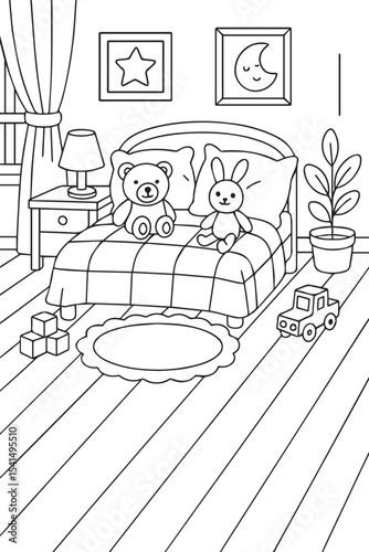 Line art illustration for a children's coloring book of a cute bedroom with toys and soft pillows