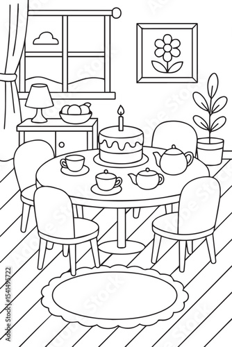 Line art illustration for a children's coloring book of a cute dining room with cake and tea set