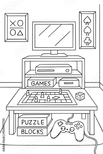 Line art illustration for a children's coloring book of a cute game room with board games and console