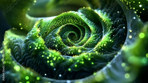 Lush green fractal spiral, glowing particles, intricate detail, abstract nature