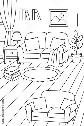 Line art illustration for a children's coloring book of a cute living room with cozy sofa and books