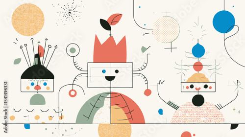 Abstract characters display symbology amid surreal scenery illustration