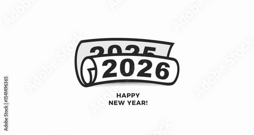 Turning Page to 2026 with Bold Calendar Roll Concept for New Year Transition. Ideal for Corporate Greeting, Annual Report, or Business Timeline Theme. Black and White Vector Illustration