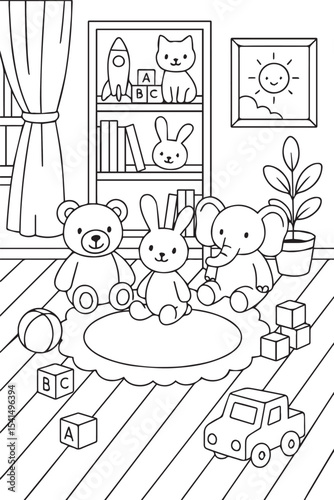 Line art illustration for a children's coloring book of a cute playroom full of stuffed animals