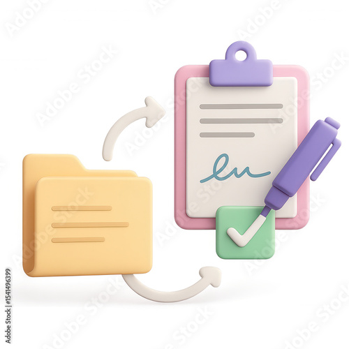Document folder and clipboard with pen and checkmark symbolizing file approval and digital signature process