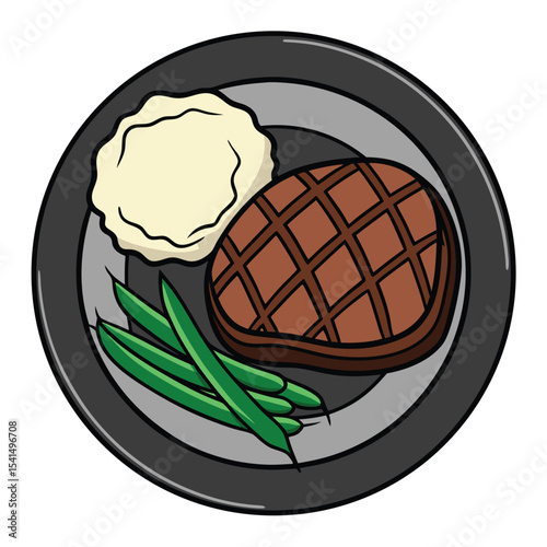 Cartoon Illustration of a Steak Dinner with Mashed Potatoes and Green Beans on a Gray Plate Isolated on a White Background