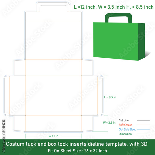 Tuck end box costum lock inserts dieline template, with 3D