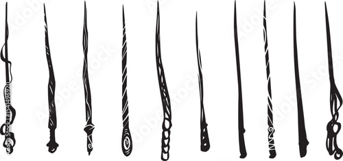 Magic wand line drawing witch theme halloween clipart party invitation gothic style illustration packaging design print Wizard wooden wand accessory sorcerers Bengal fire new year ink graphic icon