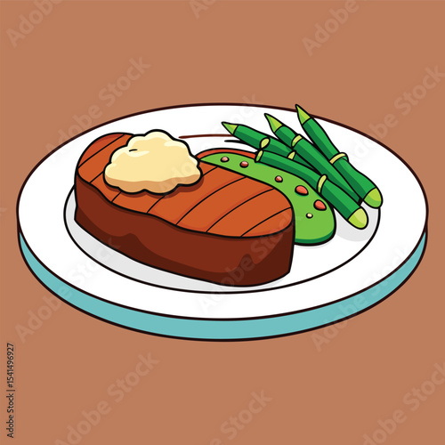 Cartoon Illustration of Steak with Sauce and Asparagus on a Plate Perfect for Menu Design Recipe Books or Food Related Educational Material