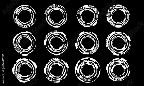 Set of sci fi white circle user interface elements technology futuristic design modern creative on black background vector