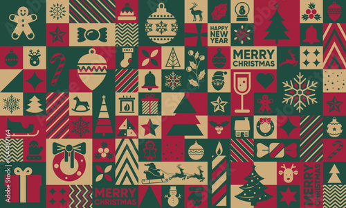 Christmas seamless pattern. Design of a postcard for the New Year holidays. Santa hat, gifts, snowman, snowflakes, ornaments and Christmas trees. Vector illustration