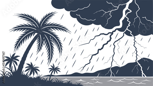 Silhouette of palm trees on a coastline with storm clouds rain and lightning in a monochrome illustration