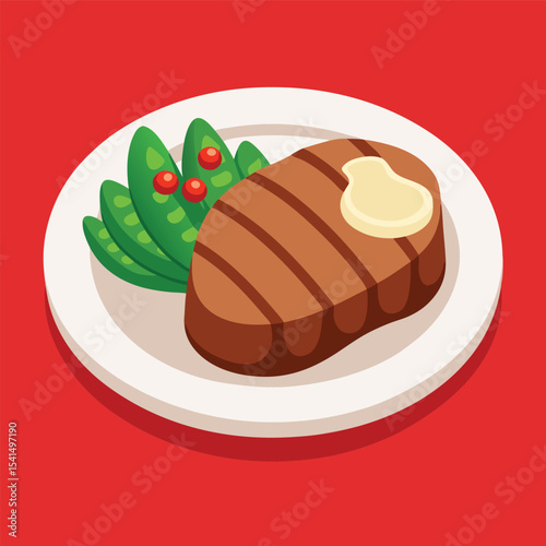 Isometric Illustration of a Grilled Steak with Butter and Green Peas on a White Plate Set Against a Vibrant Red Background for Food and Restaurant