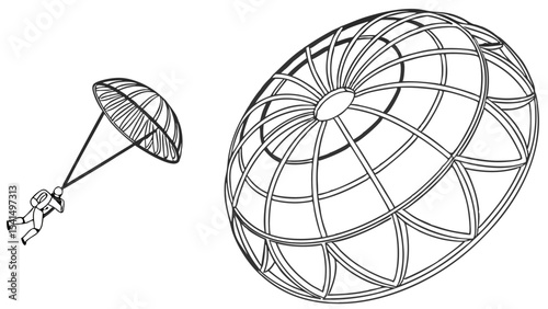 Illustration showing a skydiver with a parachute and a detailed parachute canopy structure design element