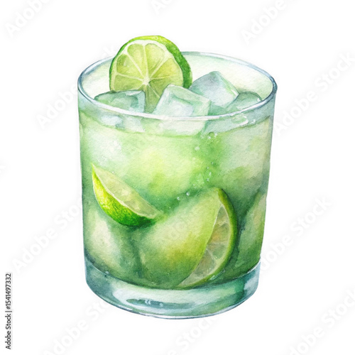 Refreshing lime caipirinha cocktail watercolor illustration isolated on transparent background