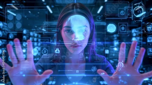 Futuristic woman interacting with holographic interface in a high-tech environment, showcasing technology