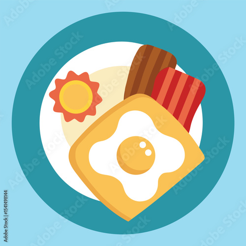 Stylized Breakfast Plate with Toast Egg Bacon Sausage and a Small Side on a Light Blue Background with a Teal Border Circle