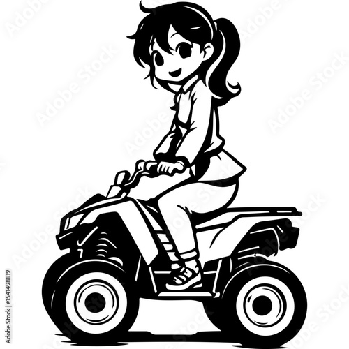 Sketchy sport emblem of Teenage girl driving quad bike side view. Engraving minimalistic vector in black ink drawing on transparent background