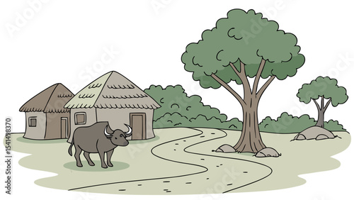 Illustration of a rural scene with huts, a buffalo, trees, and a winding path in a peaceful setting