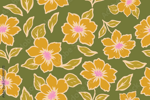 Seamless floral pattern featuring bold orange flowers with pink centers and soft green leaves on an olive background. Ideal for textiles, wallpapers, and decorative prints.