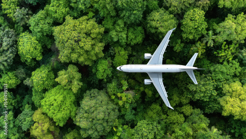 aerial view of an airplane flying over a lush green forest