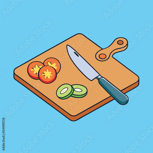 Isometric Illustration of a Cutting Board with Sliced Tomatoes Kiwi and a Knife on a Light Blue Background Perfect for Culinary or Healthy Eating Concepts