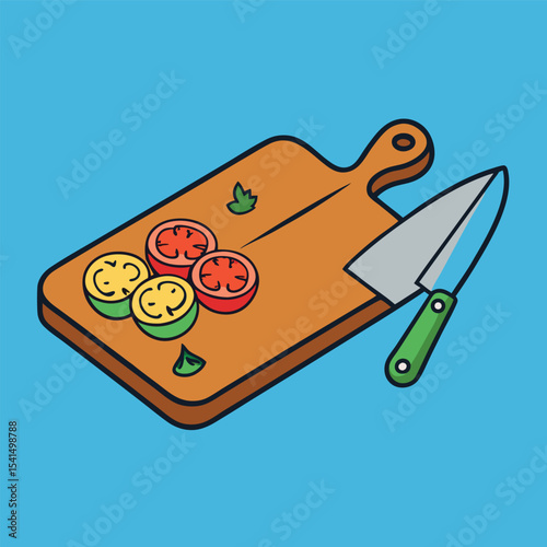 Illustration of a Wooden Cutting Board with Sliced Tomatoes Zucchini and a Chef s Knife on a Light Blue Background for Culinary Projects