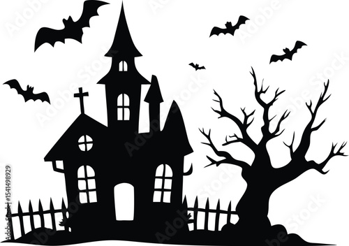 Silhouette of a haunted house with bats and a dead tree on halloween