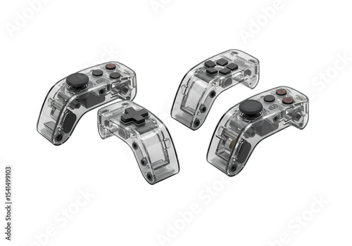 Four Translucent Gray Game Controllers isolated on transparent baackground