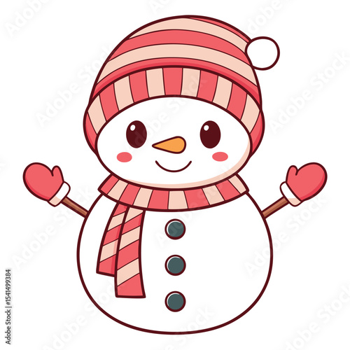 Adorable cartoon snowman with festive red and pink accents for christmas season