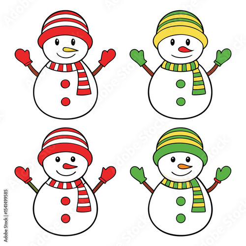 Adorable cartoon snowmen in various outfits ready for winter season and holiday celebrations