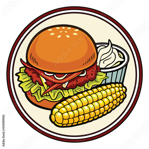 Cartoon Illustration of a Burger Corn on the Cob and Sauce in a Circular Frame for Food Related Designs and Illustrations