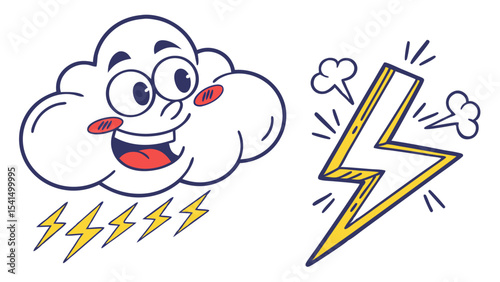 Illustration of a smiling cloud with lightning bolts and a separate lightning bolt with smoke effects
