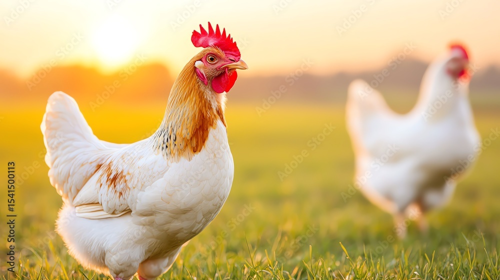 Fototapeta premium Sunrise farm animal photography, chickens illuminated by soft morning light