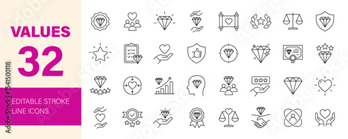 Values icon set. Containing outcome, result, award,  diamond, goal, aim, growth, love, quality, reward, success, satisfaction and more. Editable line icons. Vector illustration.
