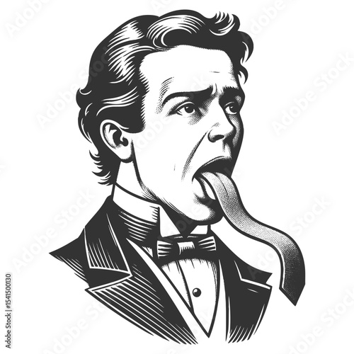 Funny Victorian gentleman with a necktie emerging from his mouth in place of a tongue sketch engraving generative ai fictional character vector illustration. Scratch board. Black and white image.