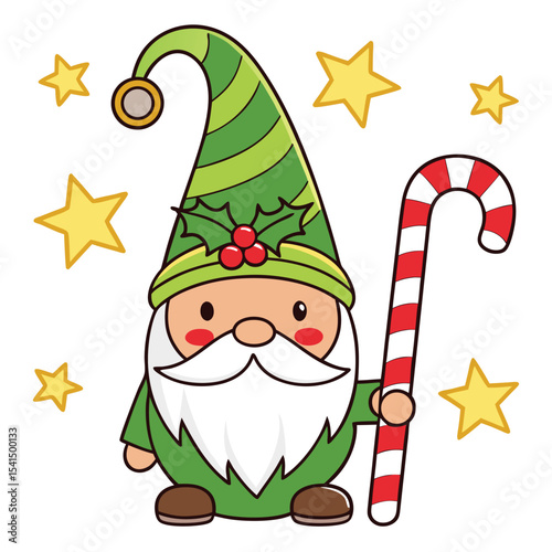 Adorable christmas gnome character with candy cane and yellow stars on a white background