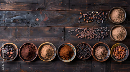 Different conditions of cocoa Various cocoa beans ground crushed cocoa powder chocolate paste chocolate pieces and hot chocolate in a cup on a wooden rustic background, Generative AI